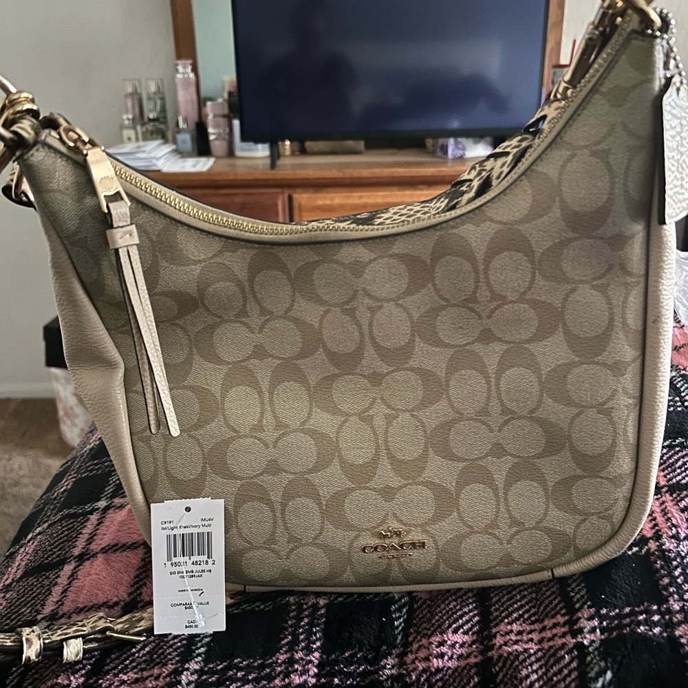 Coach Jules Hobo Pebble & Snake-Embossed Leather Bag Light Khaki/Ivory